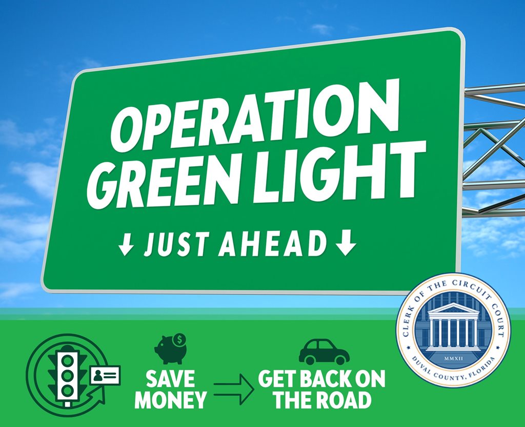 green highway sign with Clerk seal