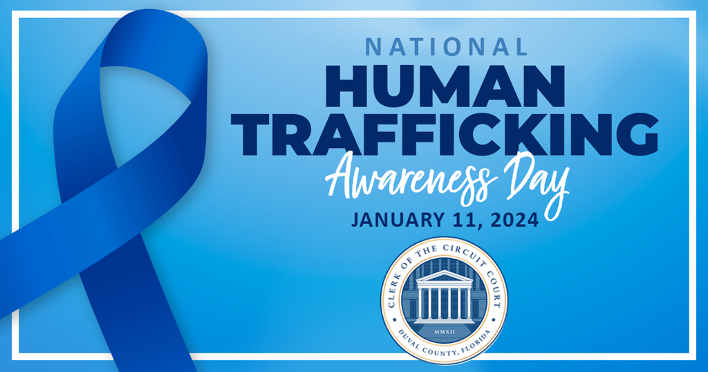 Human Trafficking Awareness Day graphic with blue ribbon 